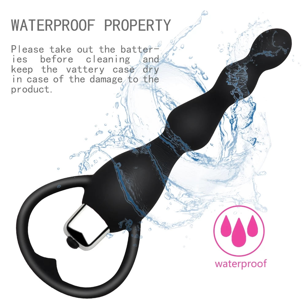 Vibrating Silicone Anal Plug with Beads for Massage